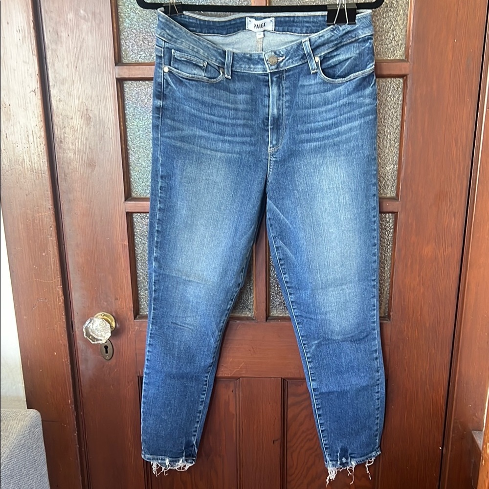 PAIGE Blue Ankle Cropped Skinny Jeans with Distressed Hem